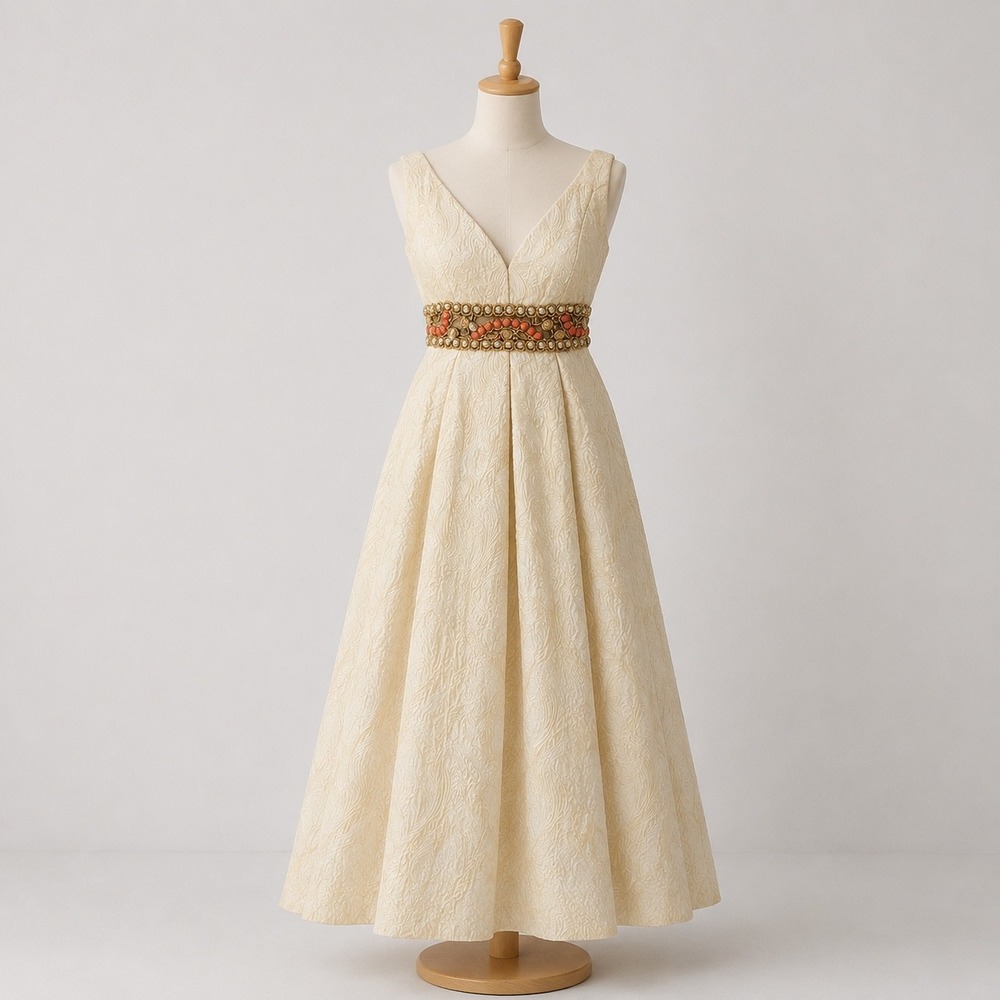 VTG Ceil Chapman Ivory Brocade Beaded Waist Evening Gown Dress Sz 8 1950s FLAW